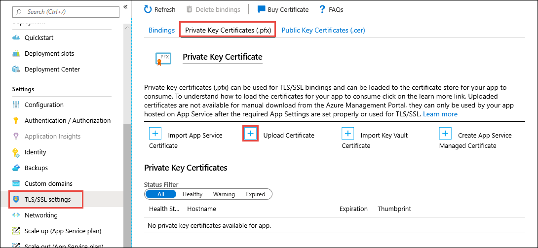 Screenshot that shows the app management page with Certificates, Bring your own certificates (.pfx), and Upload certificate .pfx selected.
