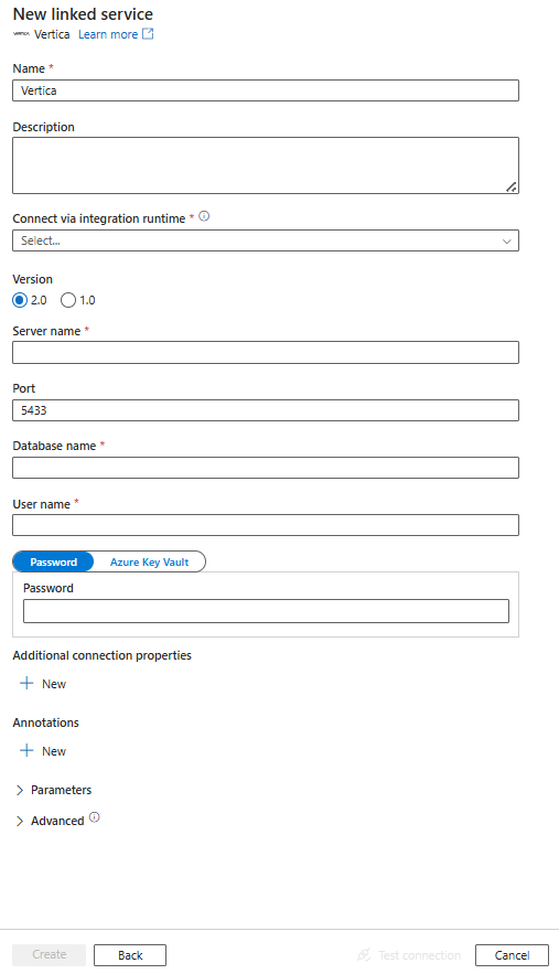 Screenshot of linked service configuration for Vertica.