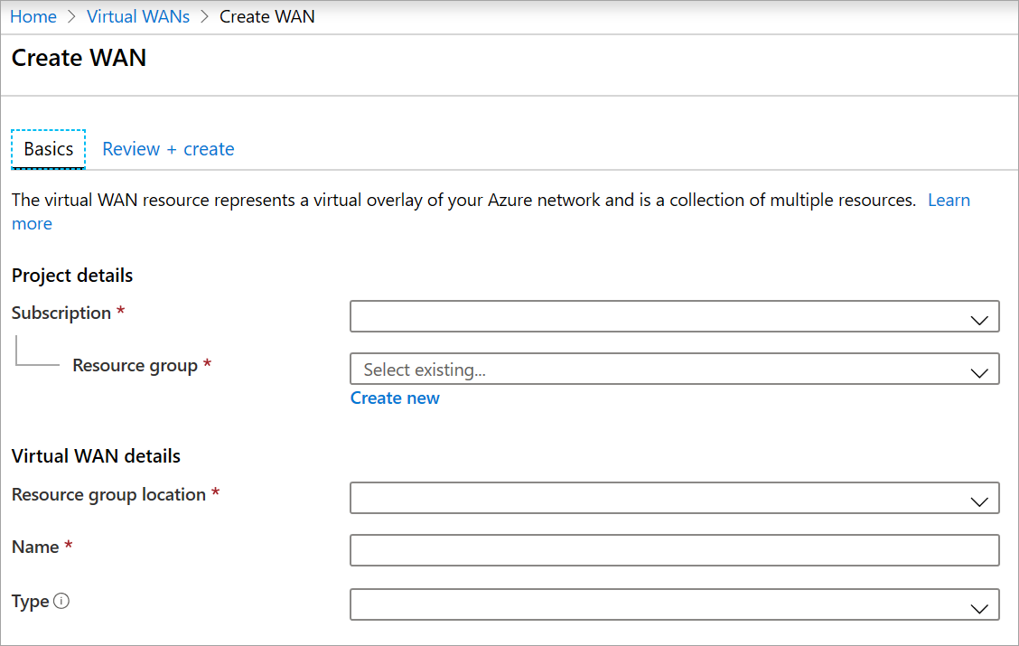 Screenshot shows the Create WAN pane with the Basics tab selected.