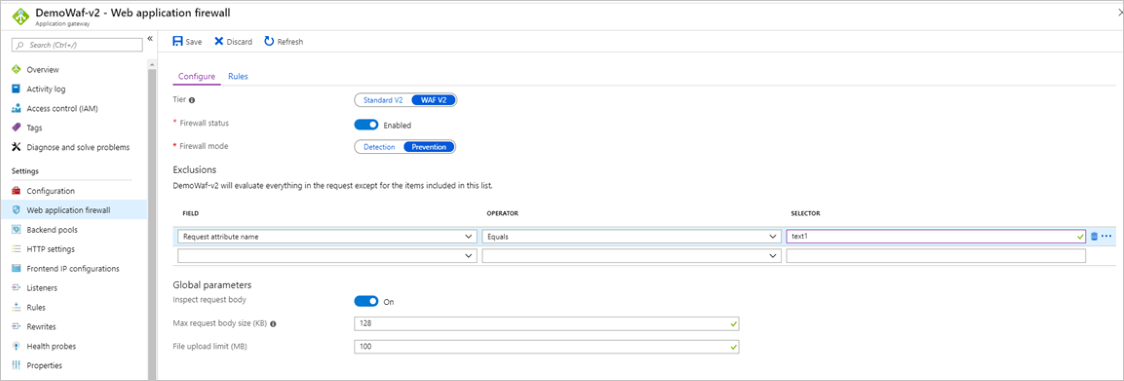 Screenshot that shows WAF exclusion.